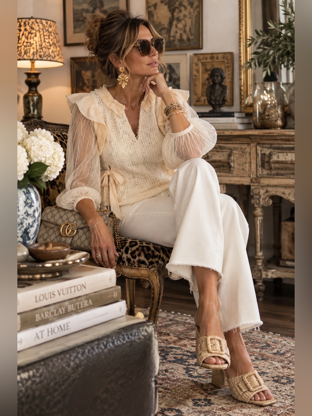 NWT Allen Schwartz Ivory Tweed Lace Ruffle Sheer Sleeve Blouse M